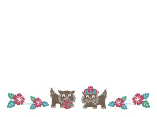 沖縄の伝統、紅型のハイビスカスとシーサーのフレーム