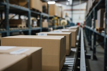 closeup of boxes Cardboard boxes on conveyor rollers inside a warehouse ready to be shipped by courier