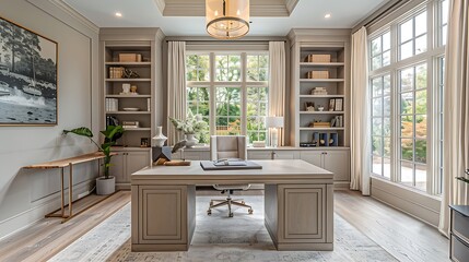 A transitional office space with a sleek desk, comfortable chair, built-in bookshelves, modern lighting, neutral tones, and a balance of traditional and contemporary elements, hd quality,
