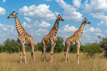 Obraz premium Three giraffes standing in the savannah under a bright blue sky with scattered clouds.