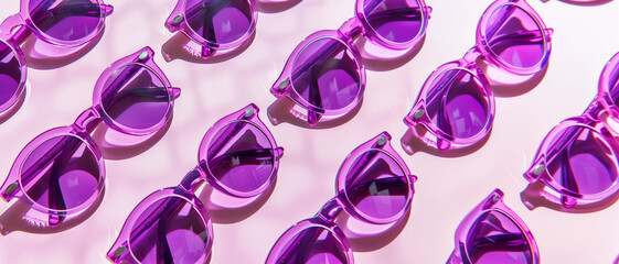 Purple sunglasses modern pattern repetition shadow minimalist fashion accessory trendy summer vibrant cool optical geometric fun style texture abstract light reflection eyewear playful design