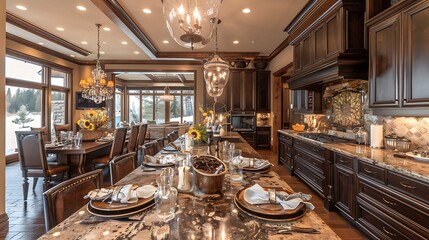 A traditional kitchen with dark wood cabinets, granite countertops, antique brass fixtures, ornate backsplash, classic dining table, and warm lighting, emphasizing a cozy and timeless design,
