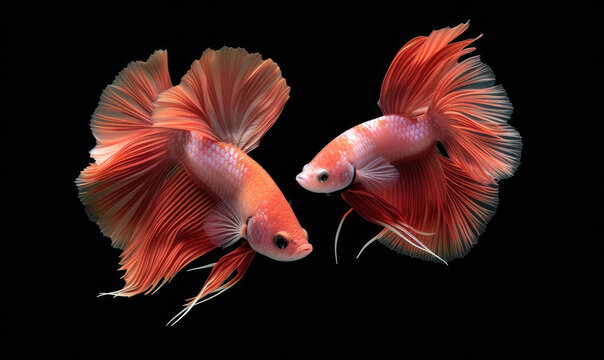 Beautiful movement of Fullmoon betta fish, Two Fancy Fullmoon Betta, The moving moment beautiful of Siamese Fighting fish, Betta splendens, Rhythmic of Betta fish isolated on black background