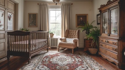 A traditional nursery with a wooden crib, classic bedding, antique furniture, elegant drapes, rich color palette, and a warm, inviting atmosphere, hd quality, natural look. --ar 16:9 --v 6.