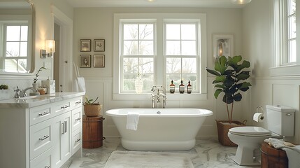 A transitional bathroom with a freestanding tub, marble vanity, polished chrome fixtures, soft lighting, and a mix of modern and traditional design elements, hd quality, natural look. --ar 16:9 --v 6.