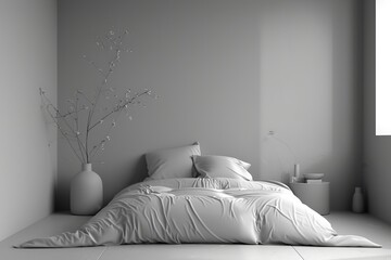 A serene minimalist bedroom showcasing a cozy bed with white bedding, a bedside table with a vase, and a branch with blossoms against a plain gray wall.