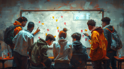 Obraz premium A diverse group of students huddled around a whiteboard, brainstorming ideas.