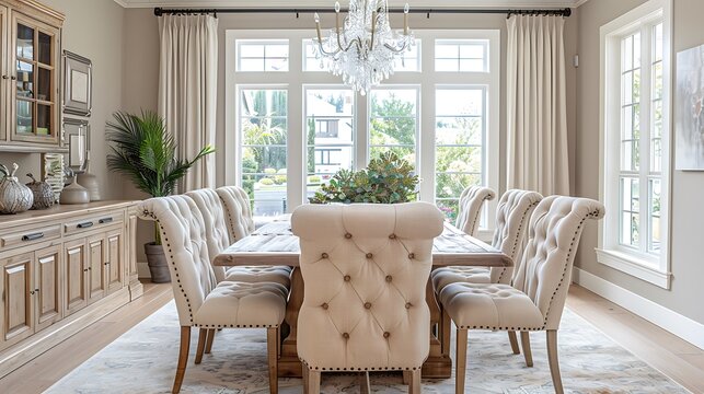 A transitional dining room with a wooden dining table, upholstered chairs, crystal chandelier, neutral color scheme, and a blend of contemporary and classic decor, hd quality, natural look.