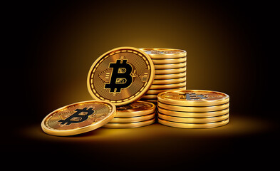 Stack Of Golden Cryptocurrency Bitcoin BTC Coins On Shiny Golden Glow Background 3d Illustration
