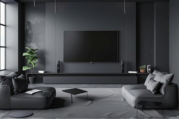 A sleek modern living room featuring a large TV, stylish black furniture, comfortable seating, and lush green plants, creating a relaxing and contemporary living space.