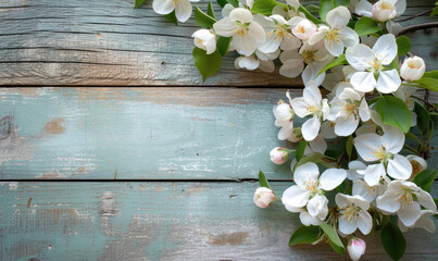 Spring apple blossoms flowering branch on wooden background,Copy space