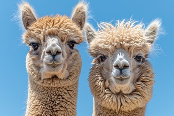Obraz premium Close-up of two adorable alpacas with fluffy fur standing side by side under a bright blue sky.