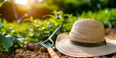 A straw hat and gardening tools on the ground.