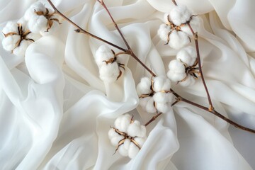 Elegant Cotton Bolls on White Fabric. Soft cotton bolls resting on delicate white cotton fabric