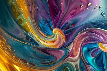 A dynamic and vivid abstract liquid painting with colorful swirls and patterns, representing a fusion of vibrant colors and textures, creating an energetic visual impact.