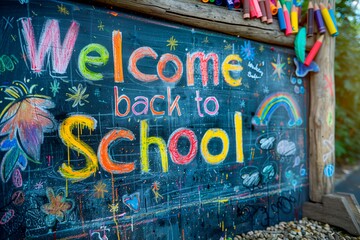 A vibrant chalkboard with a Welcome back to School message, adorned with colorful doodles, stars, rainbow, and various educational symbols, evoking joy and excitement.
