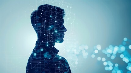 A silhouette of a man on a blue background filled with digital and technological elements. Data, artificial intelligence, abstract male profile portrait, business network, futuristic 3D graphic design