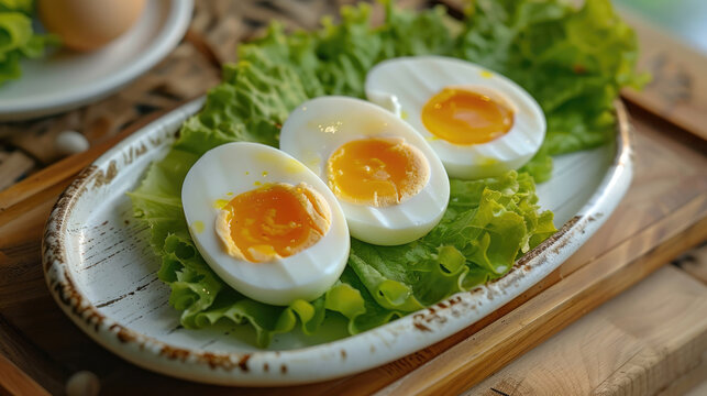 The eggs on the white plate were sliced and arranged in an oval shape, with several pieces of yellow egg yolk visible inside