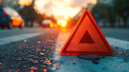 A close up of a red emergency triangle on the road in front of a car