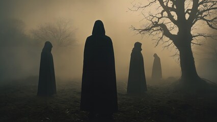 Generative AI, Mystical Nocturnal Assembly of Monks in a Foggy Forest