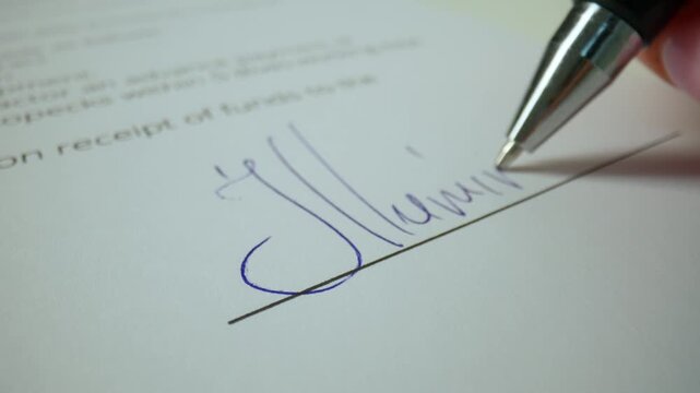 Close up shot of woman hand working with document, pen in female hand writing a personal signature in financial or business document.