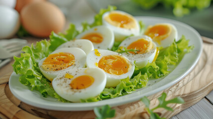 The eggs on the white plate were sliced and arranged in an oval shape, with several pieces of yellow egg yolk visible inside