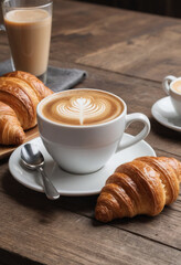  A steaming cup of coffee with latte art and a croissant on a rustic wooden table. 