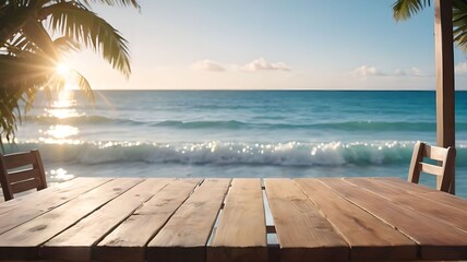 Wooden table with beach view in the background, tropical vibes and serene ocean waves under bright sunlight.