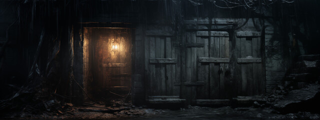 Fototapeta premium Creepy Wooden Door with Lantern Light and Overgrown Vines