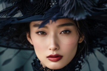 Asian woman in an elegant black hat with feathers, exuding sophistication and style.