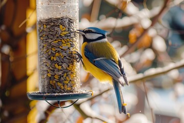 Naklejka premium A colorful Eurasian blue tit feeding on sunflower seeds from a bird feeder in a garden