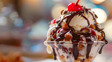 Delicious and Colorful Ice Cream Sundae with Multiple Scoops, Toppings, and Cherry in Vibrant High-Definition Detail