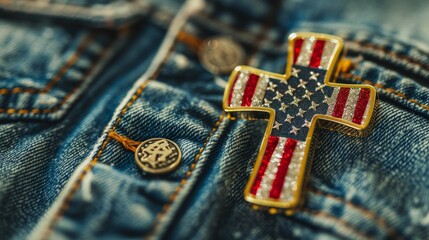 Close Up of Christian Cross Pin with American Flag Colors Pinned on Blue Jeans Jacket, Representing Patriotism and Religious Rights Concepts