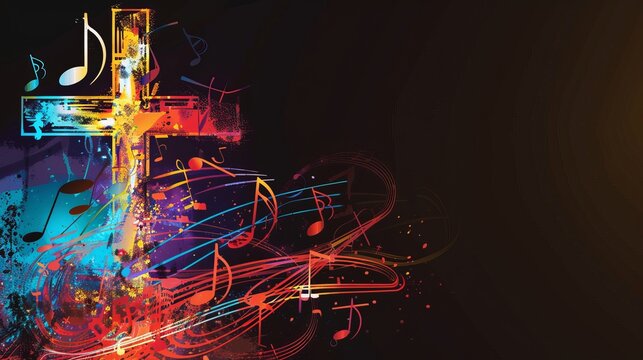 Colorful Christian Cross with Music Notes Isolated Vector Illustration, Representing Gospel Church Music, Choir Singing, and Religious Festivals in Christianity