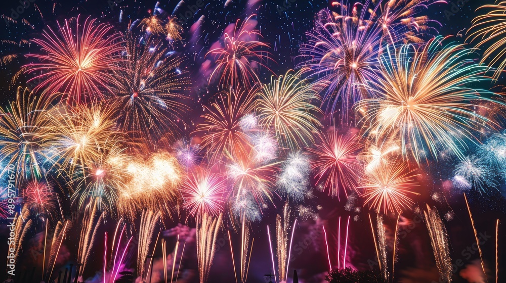 Aufkleber explosions of vibrant fireworks light up the velvety night sky creating a mesmerizing display of col