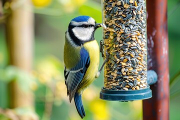 Fototapeta premium A colorful Eurasian blue tit feeding on sunflower seeds from a bird feeder in a garden