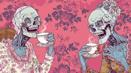 Naklejka premium English zombies enjoying afternoon tea repeating pattern