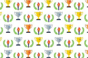 background pattern with awards, cups, achievements, medals torches with green laurel wreth