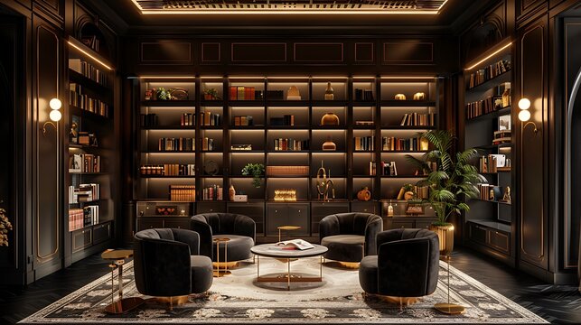 An art deco home library with sleek black shelves, velvet armchairs, gold accents, geometric wallpaper, elegant lighting, and a luxurious, sophisticated atmosphere, hd quality, natural look.
