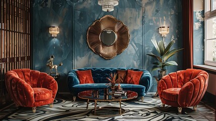 An art deco living room with bold geometric patterns, luxurious velvet furniture, gold accents, mirrored surfaces, a rich color palette, and elegant lighting fixtures,