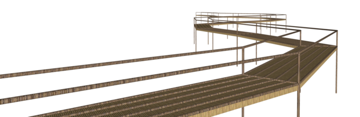 wooden bridge perspective illustration, landscape architecture, design modern landscape project, collage art, forest, environmentally friendly, 3d