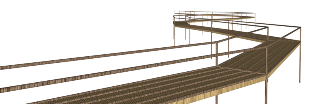 wooden bridge perspective illustration, landscape architecture, design modern landscape project, collage art, forest, environmentally friendly, 3d