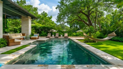 Fototapeta premium A pool and lounge area in a backyard.