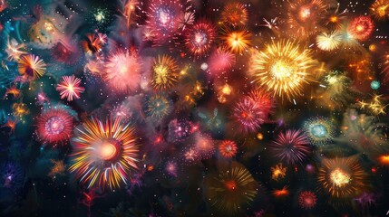 Naklejka premium Vibrant and vivid display of colorful fireworks illuminating the dark night sky creating a mesmerizing and beautiful scene