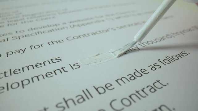 Close up shot of woman hand working with text document, liquid brush corrector in female hand draws over text, fixing the mistake.
