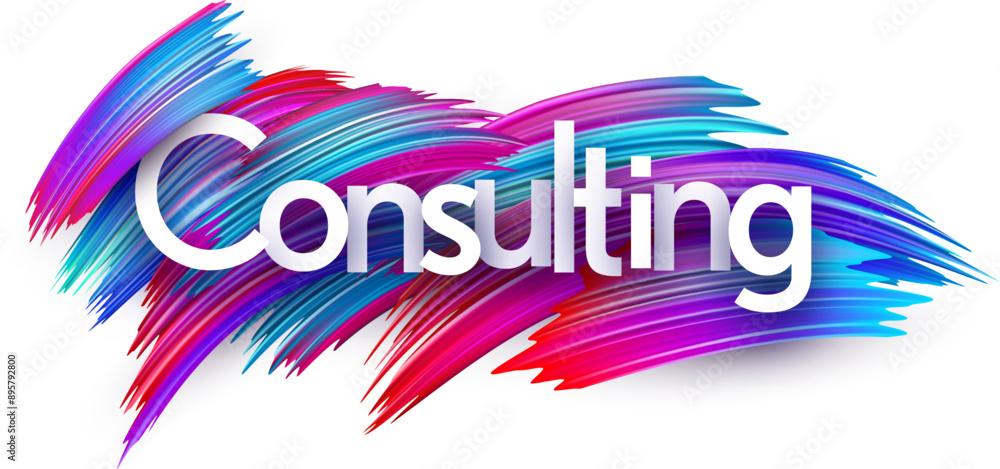 Wall mural consulting paper word sign with colorful spectrum paint brush strokes over white. vector illustratio