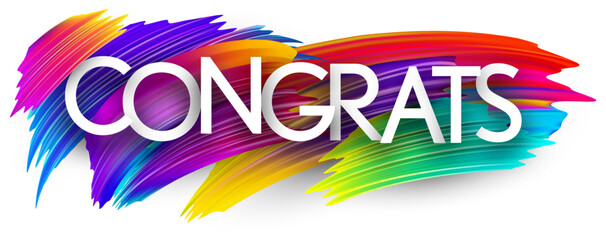 Congrats paper word sign with colorful spectrum paint brush strokes over white. Vector illustration.