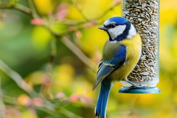 Fototapeta premium A colorful Eurasian blue tit feeding on sunflower seeds from a bird feeder in a garden