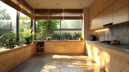 Fototapeta premium An Asian Zen kitchen with minimalist wooden cabinets, bamboo countertops, a small zen garden, natural stone backsplash, and soft ambient lighting, creating a calm and balanced space, hd quality,