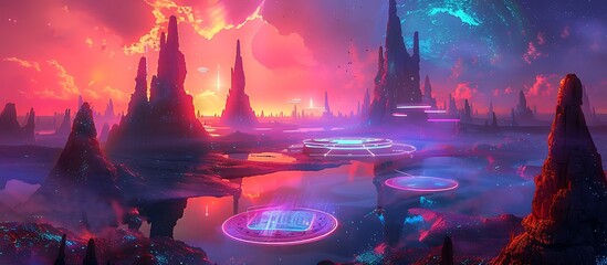 A futuristic planet with massive glowing spires, neon lakes, and floating holographic platforms under a vibrant, electric sky.